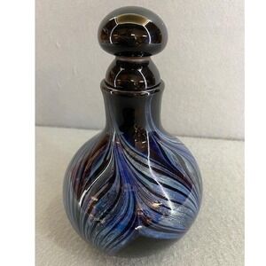 Hand Blown M Rhys Williams Art Glass Bottle Blue Pulled Feather Stopper 6.5"